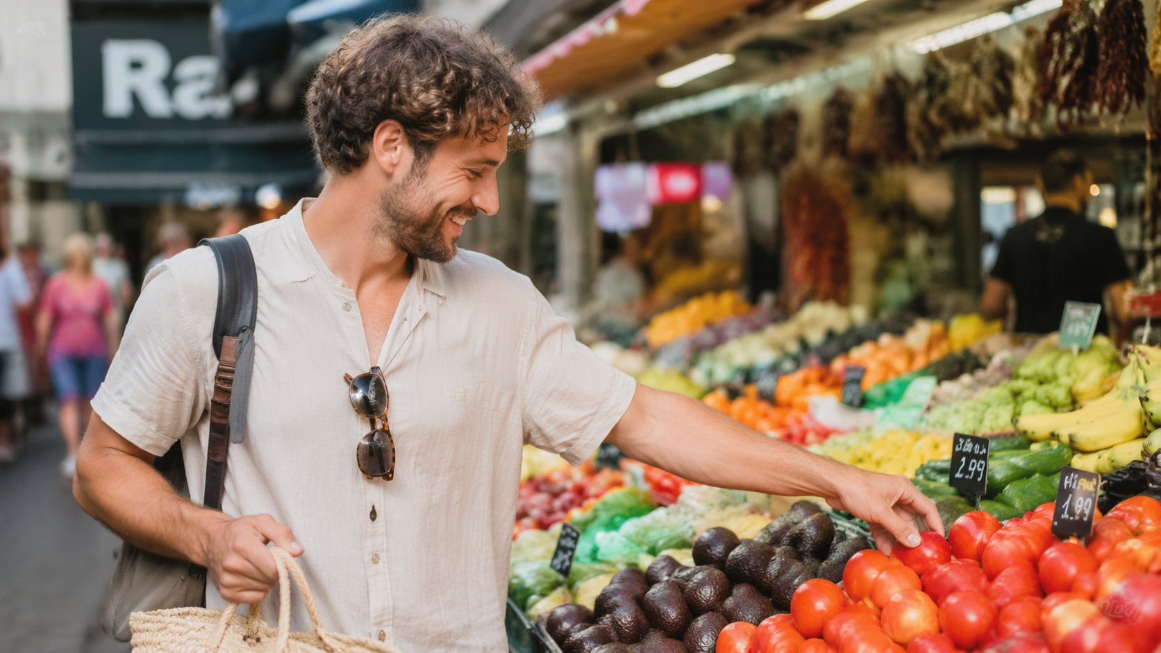 Mujer en un mercado local español eligiendo verduras frescas, movimiento cotidiano saludable